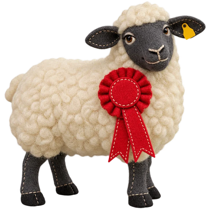 A needle-felted sheep wearing a red prize rosette
